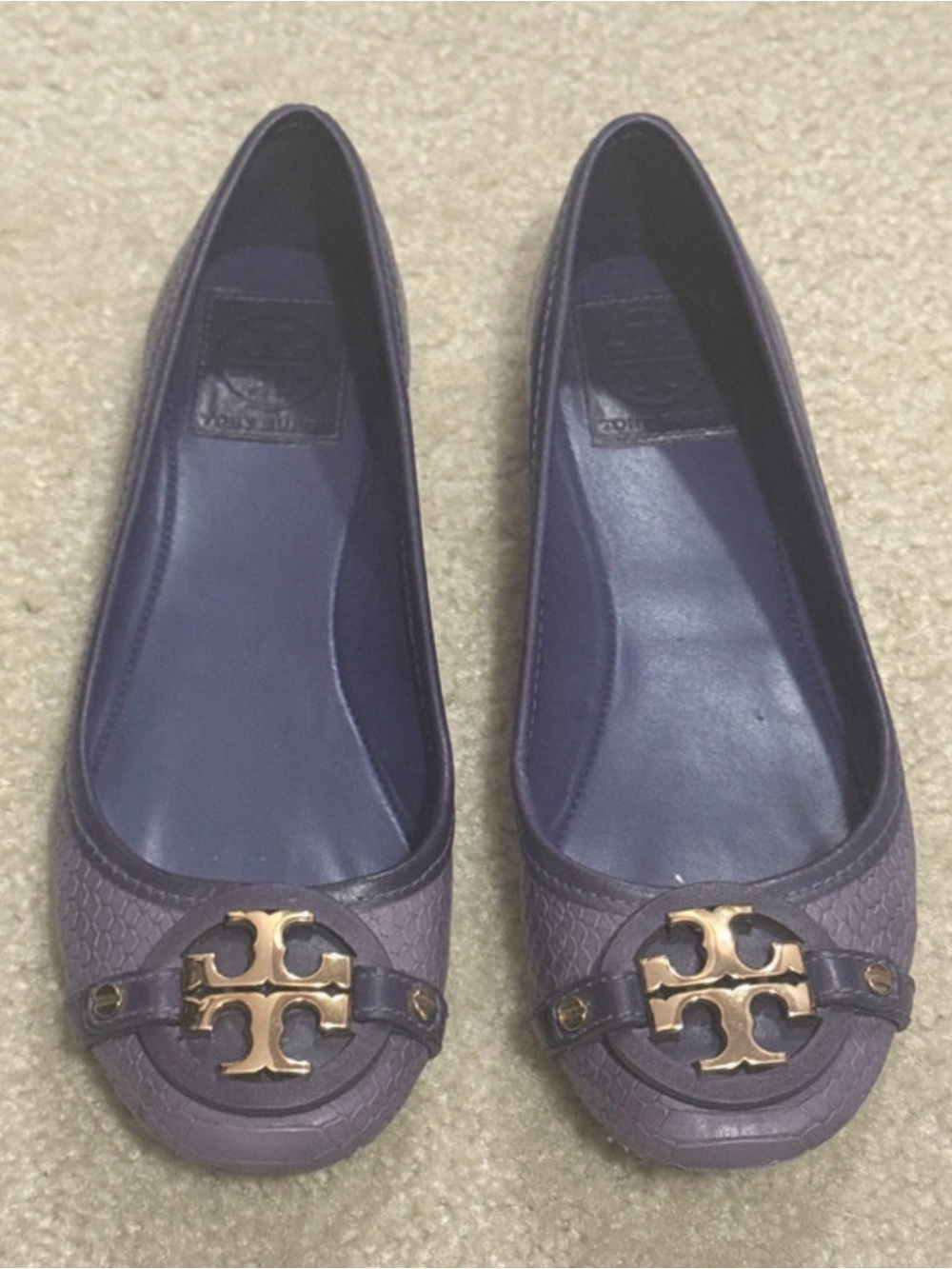 Tory Burch Lavender Leather Logo Ballet Flats with Gold Emblem